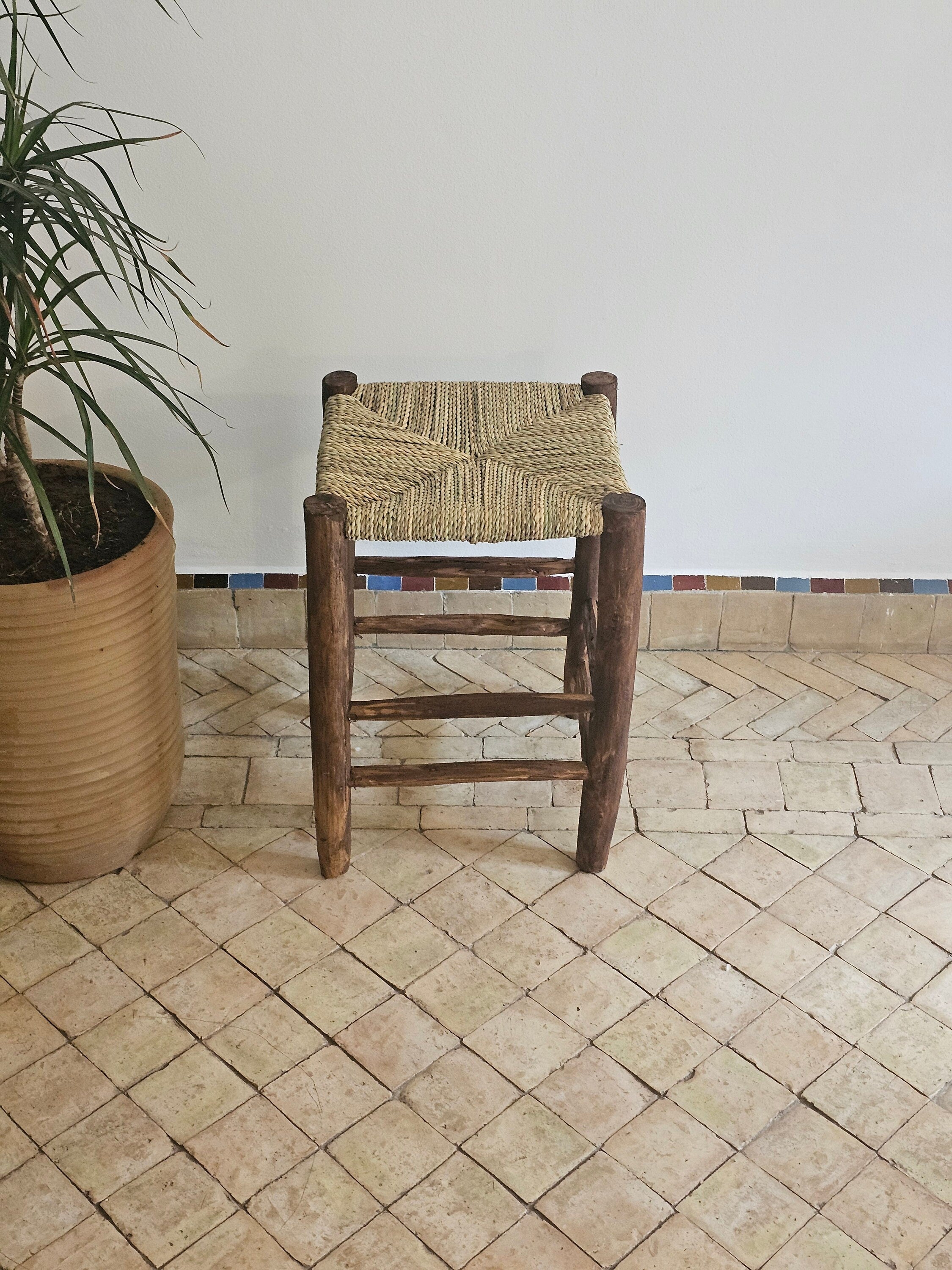 Small Moroccan Stool Made of Wood and Natural Rope