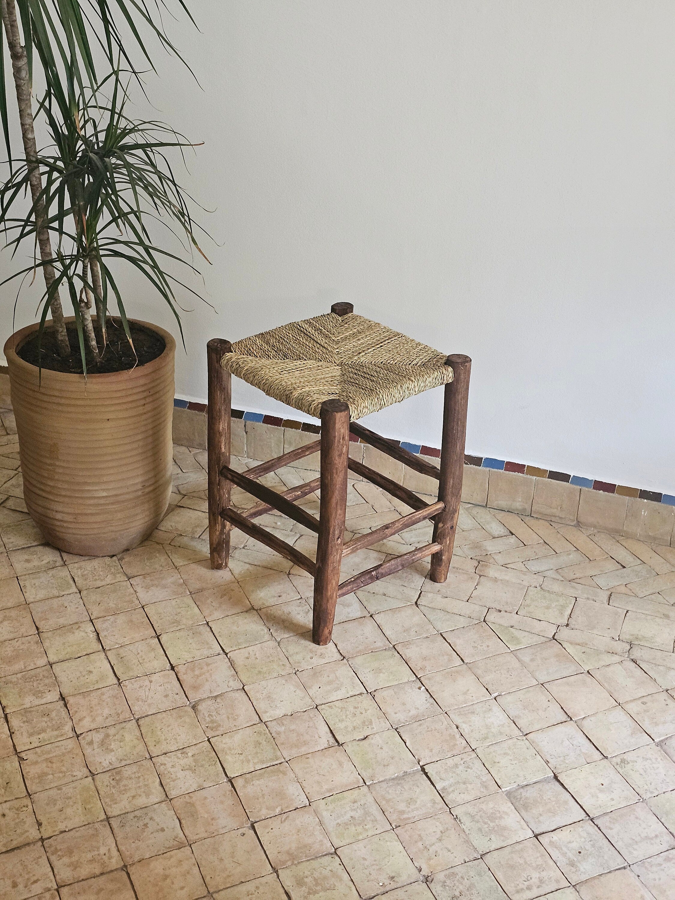 Small Moroccan Stool Made of Wood and Natural Rope