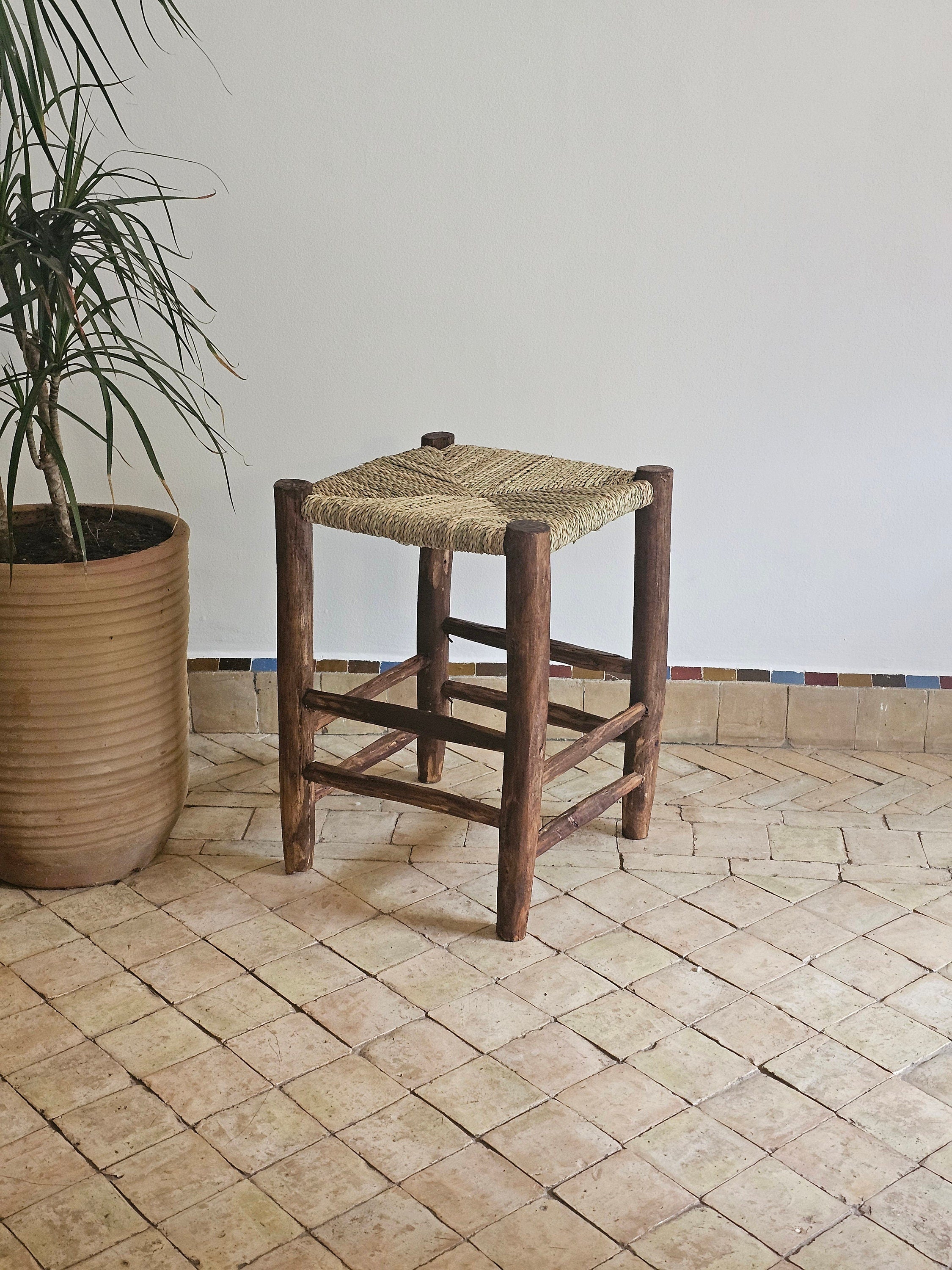 Small Moroccan Stool Made of Wood and Natural Rope