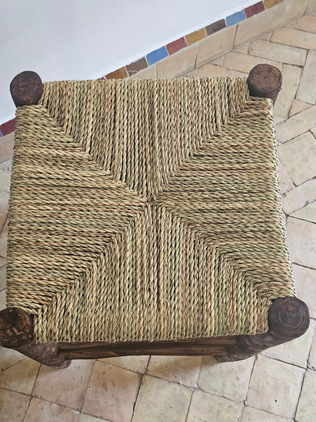 Small Moroccan Stool Made of Wood and Natural Rope