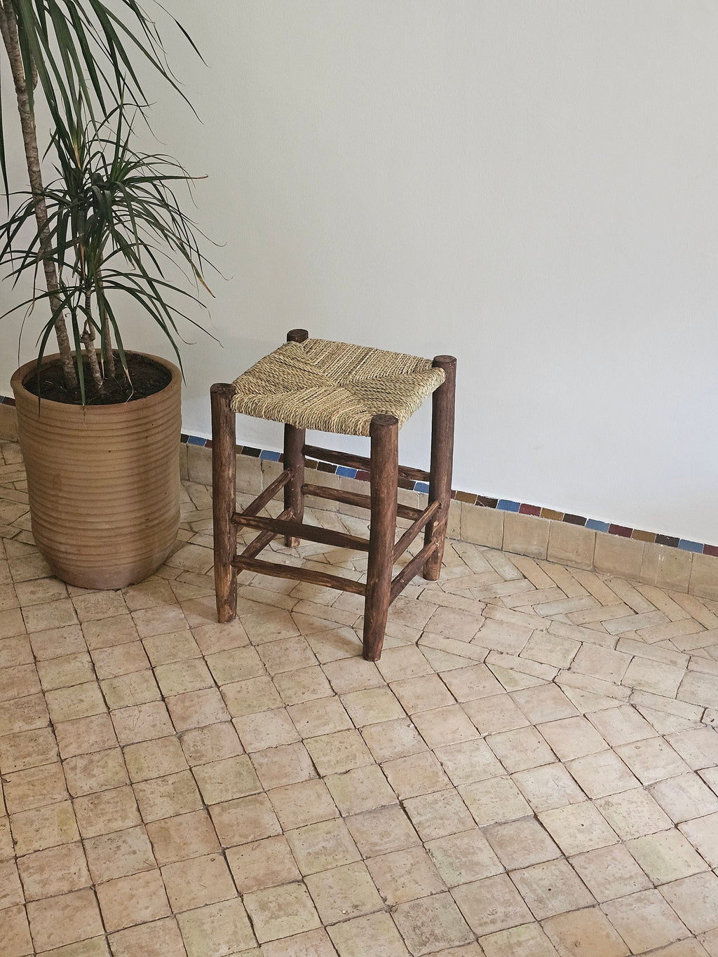 Small Moroccan Stool Made of Wood and Natural Rope
