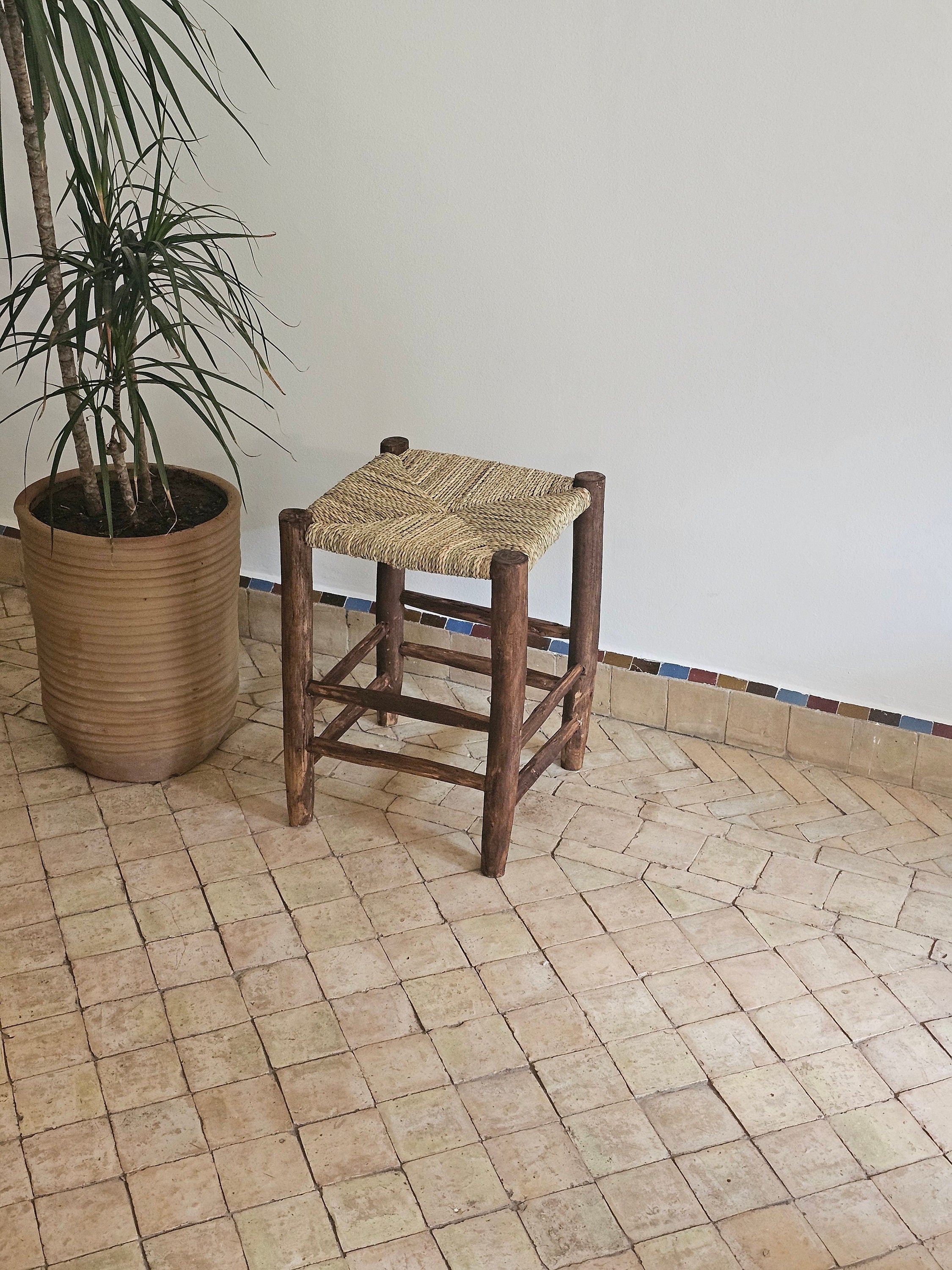 Small Moroccan Stool Made of Wood and Natural Rope