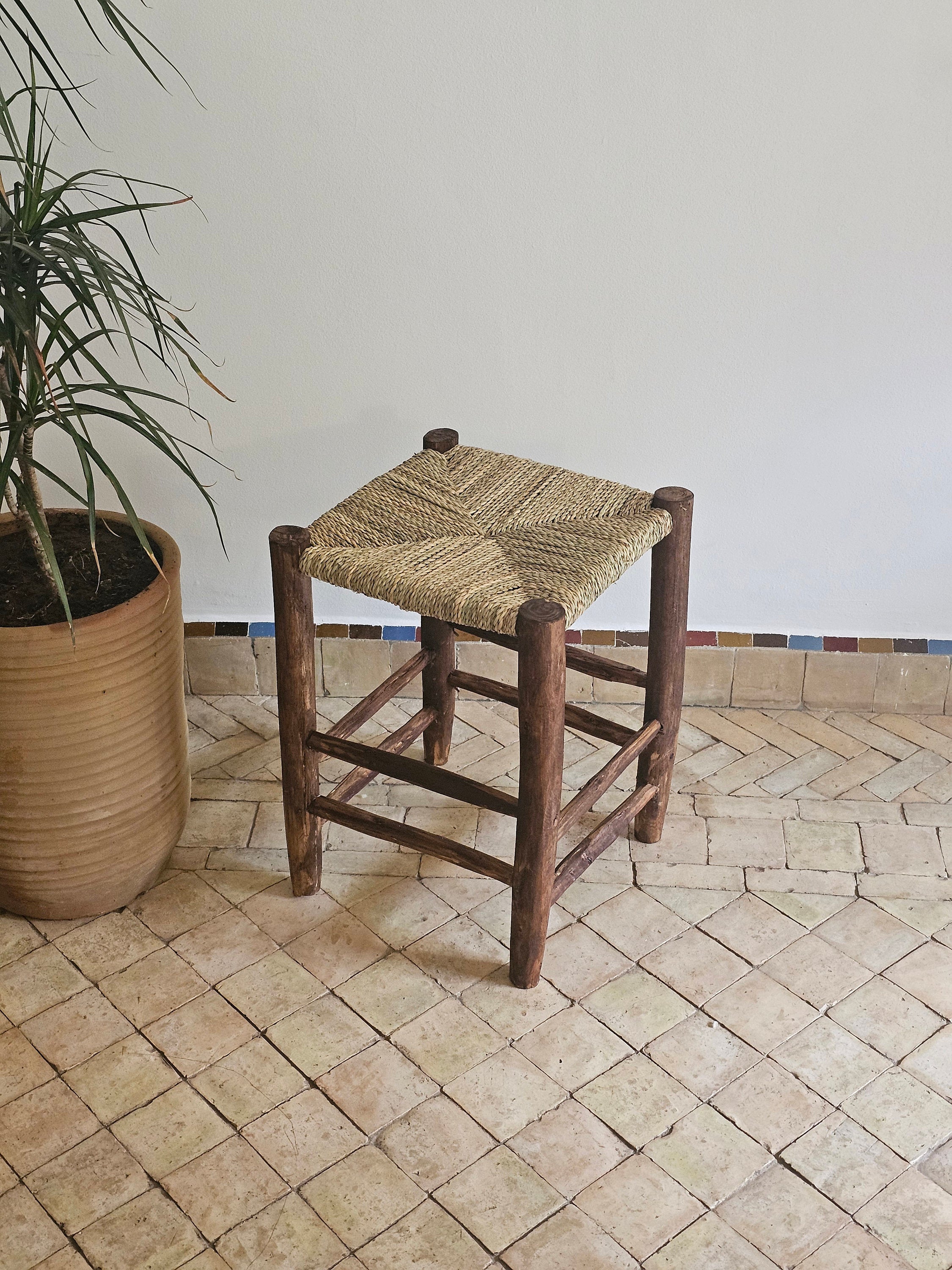Small Moroccan Stool Made of Wood and Natural Rope