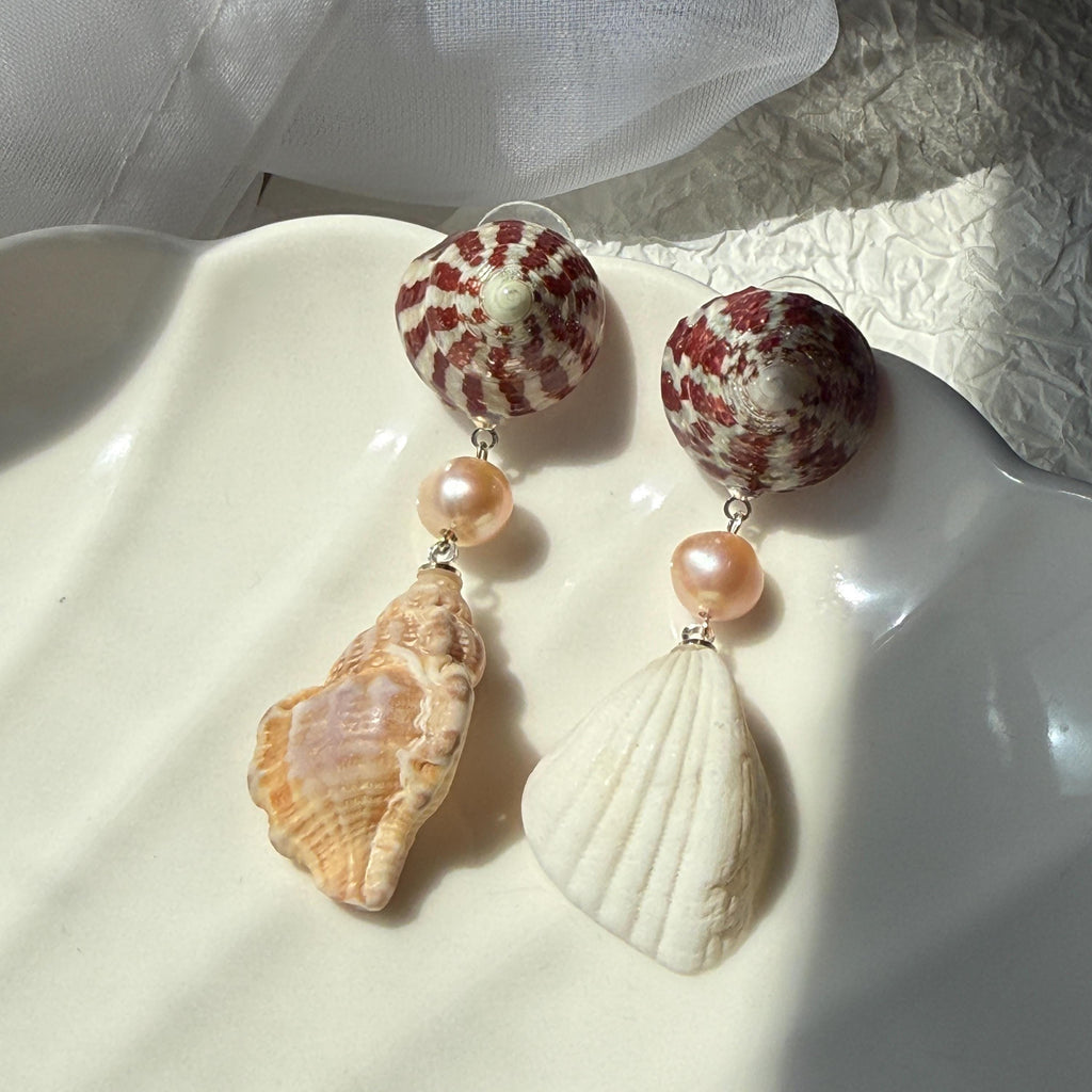 Natural Shell and Mauve Pearl Dangle Earrings, Sterling Silver Hooks, Beach Wedding Jewelry