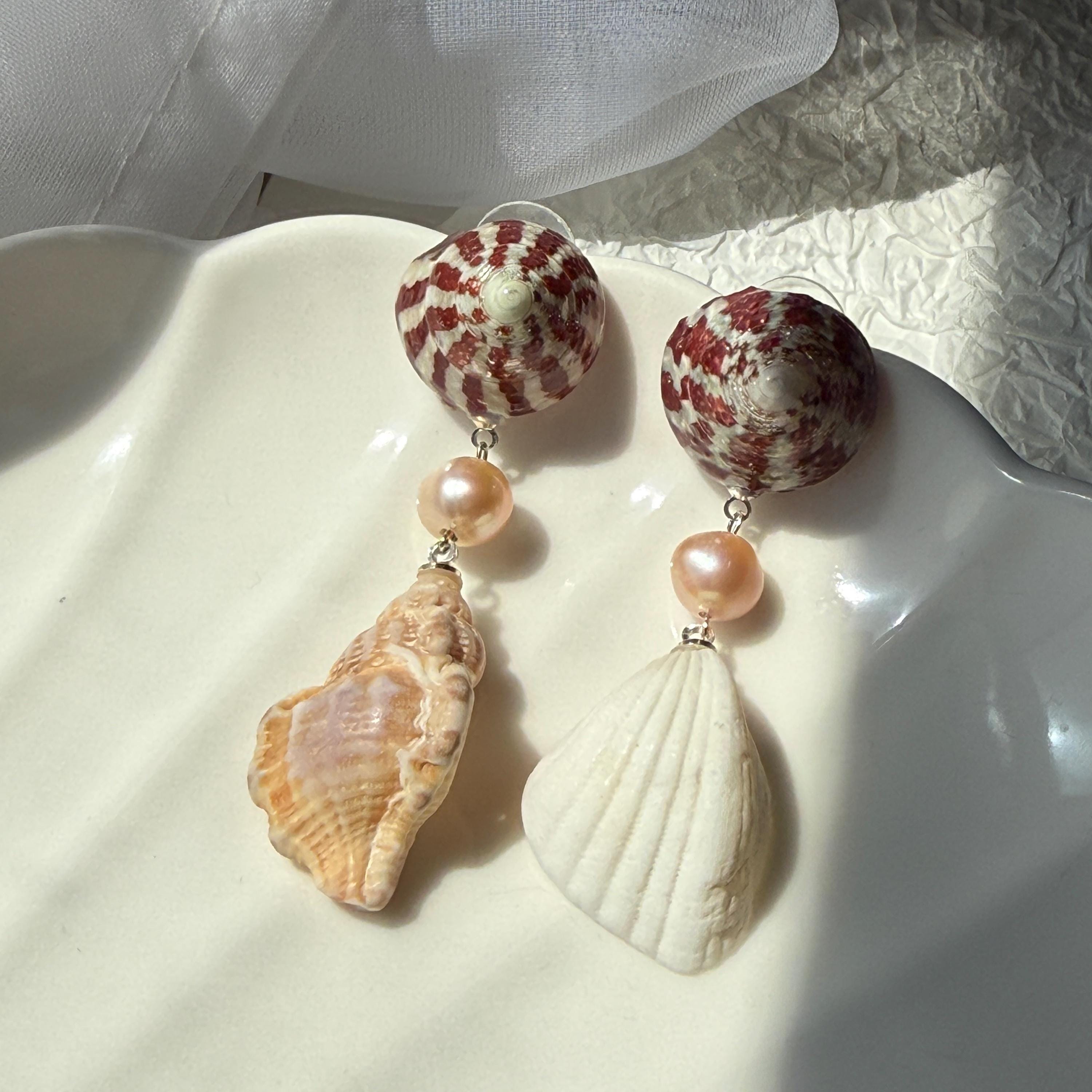Natural Shell and Mauve Pearl Dangle Earrings, Sterling Silver Hooks, Beach Wedding Jewelry