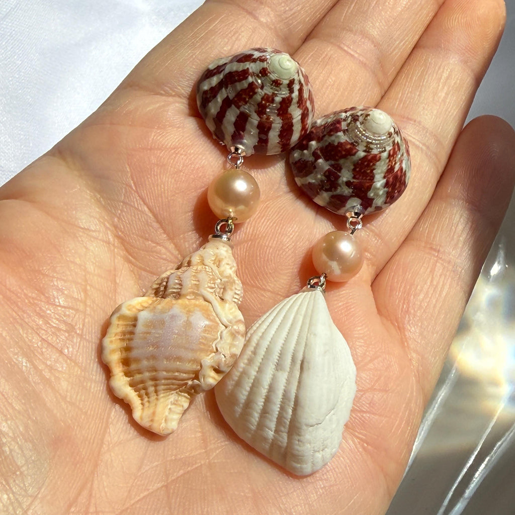 Natural Shell and Mauve Pearl Dangle Earrings, Sterling Silver Hooks, Beach Wedding Jewelry