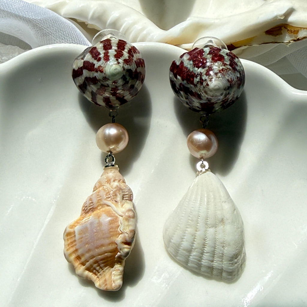 Natural Shell and Mauve Pearl Dangle Earrings, Sterling Silver Hooks, Beach Wedding Jewelry