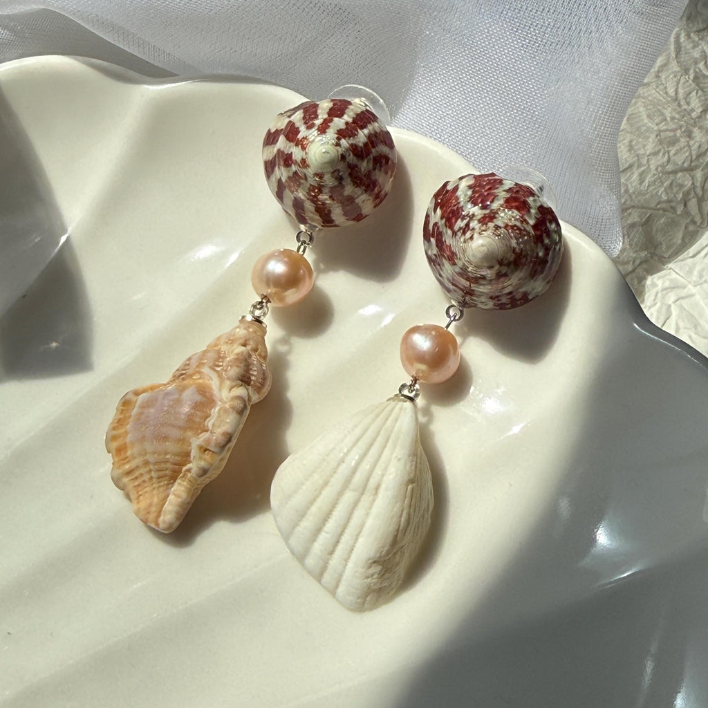 Natural Shell and Mauve Pearl Dangle Earrings, Sterling Silver Hooks, Beach Wedding Jewelry