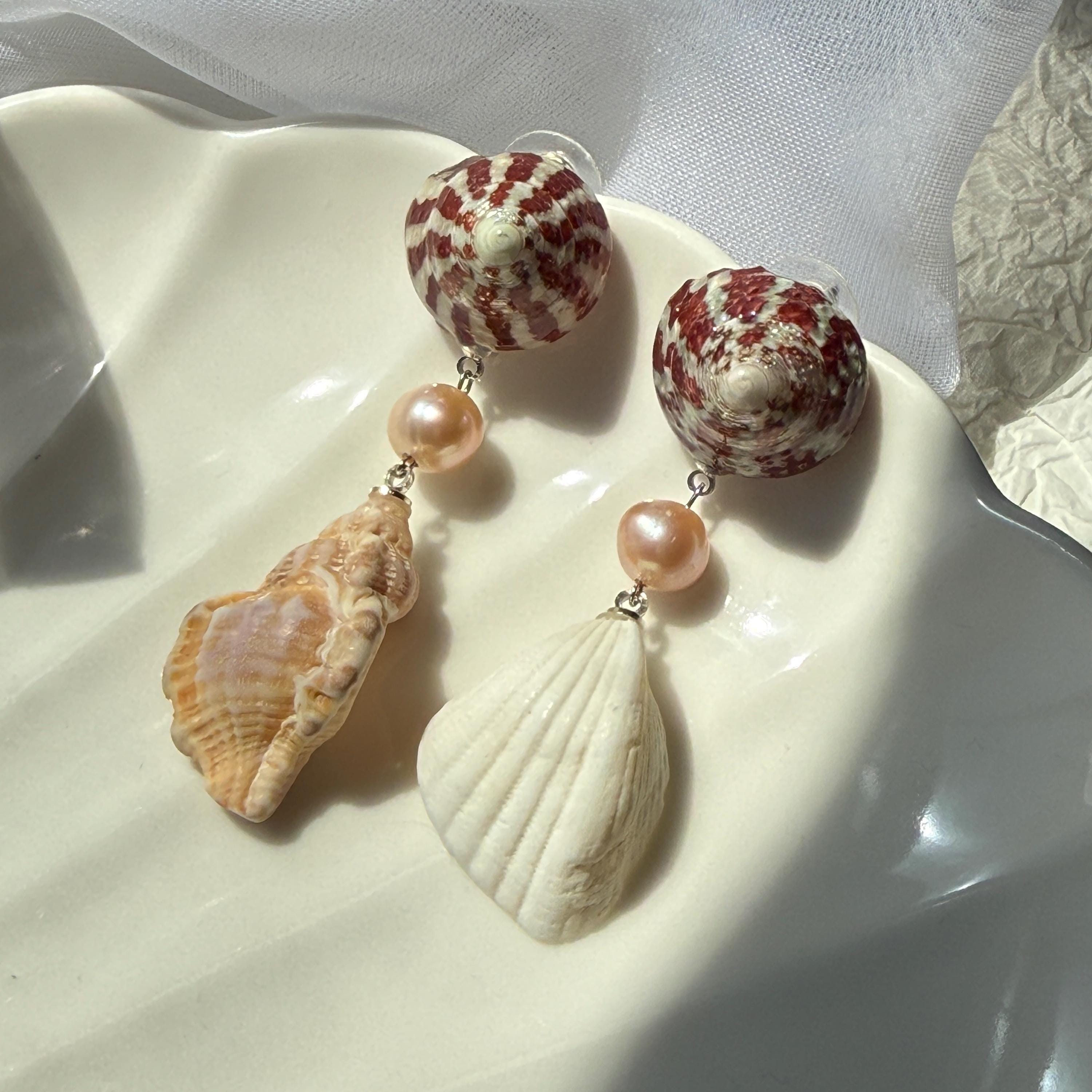 Natural Shell and Mauve Pearl Dangle Earrings, Sterling Silver Hooks, Beach Wedding Jewelry