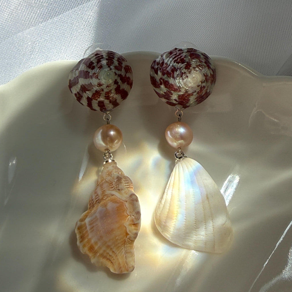 Natural Shell and Mauve Pearl Dangle Earrings, Sterling Silver Hooks, Beach Wedding Jewelry