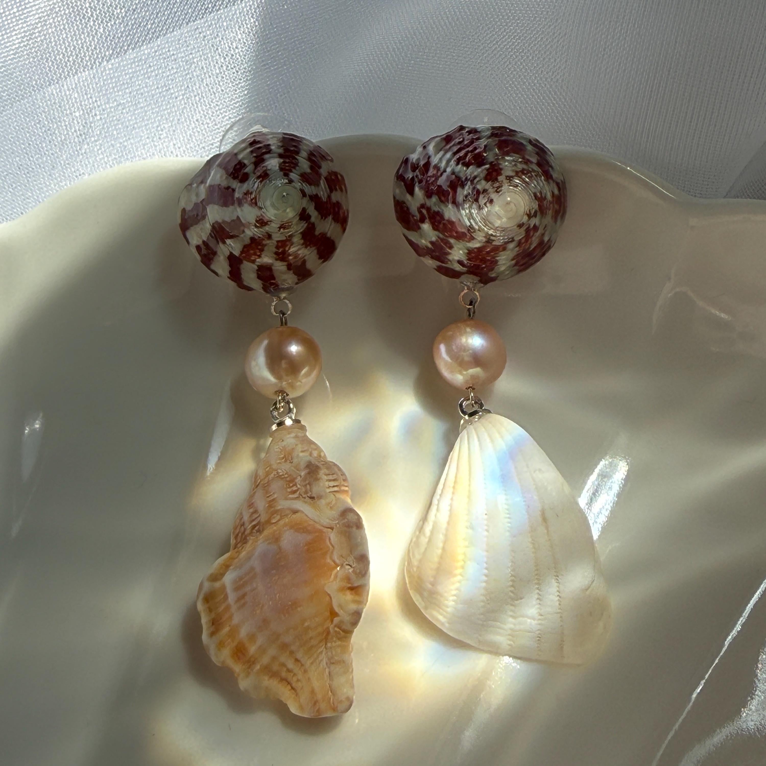 Natural Shell and Mauve Pearl Dangle Earrings, Sterling Silver Hooks, Beach Wedding Jewelry