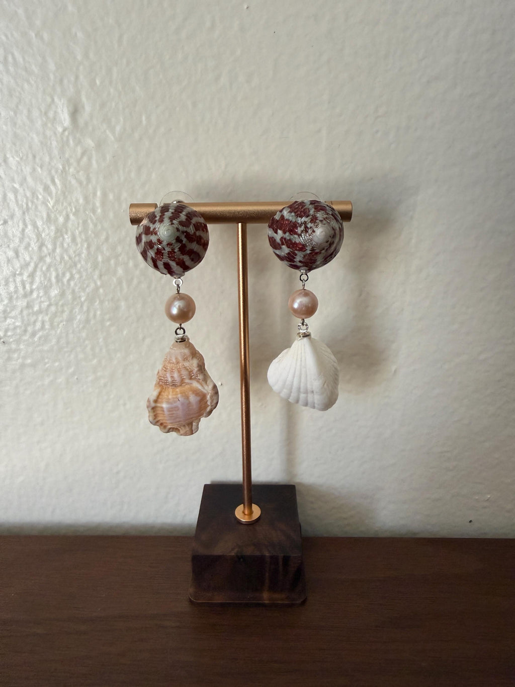 Natural Shell and Mauve Pearl Dangle Earrings, Sterling Silver Hooks, Beach Wedding Jewelry