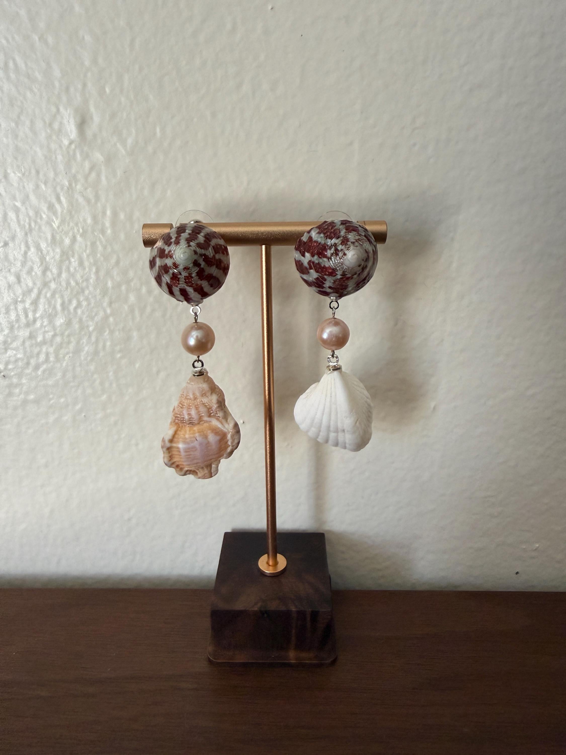 Natural Shell and Mauve Pearl Dangle Earrings, Sterling Silver Hooks, Beach Wedding Jewelry