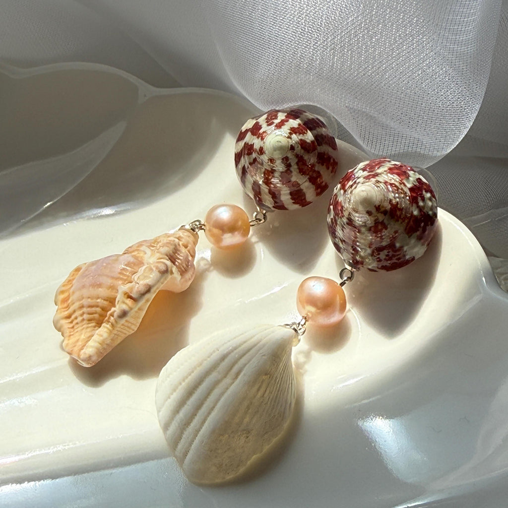 Natural Shell and Mauve Pearl Dangle Earrings, Sterling Silver Hooks, Beach Wedding Jewelry