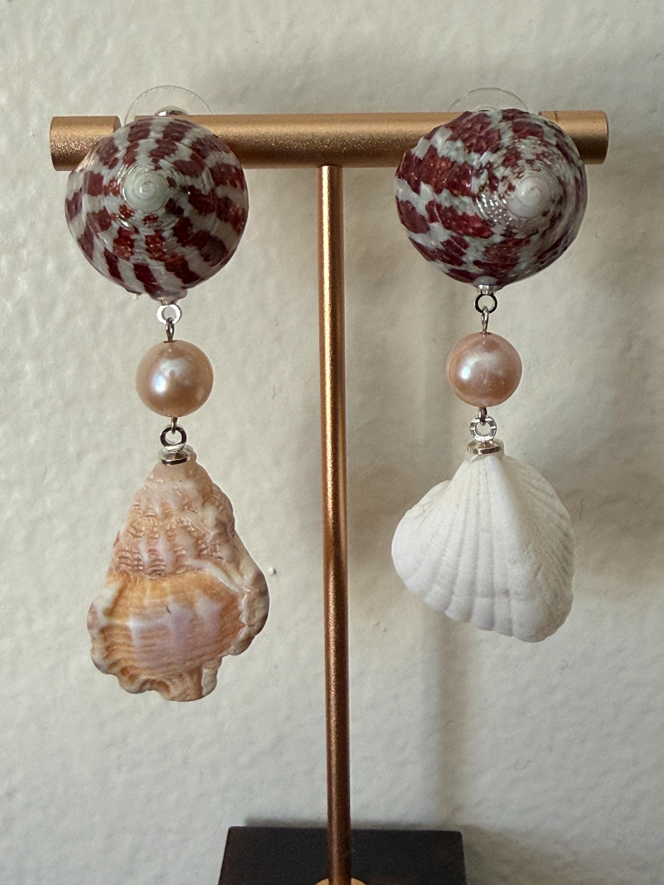Natural Shell and Mauve Pearl Dangle Earrings, Sterling Silver Hooks, Beach Wedding Jewelry