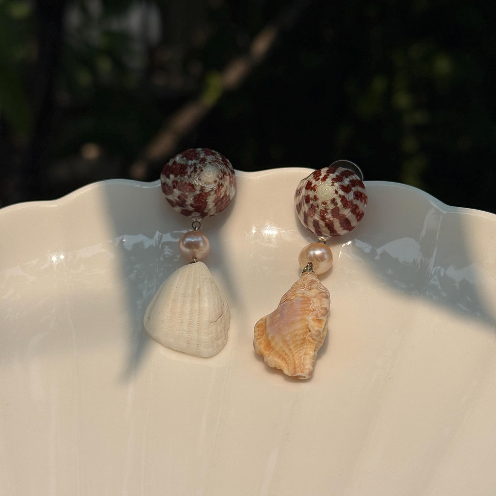 Natural Shell and Mauve Pearl Dangle Earrings, Sterling Silver Hooks, Beach Wedding Jewelry