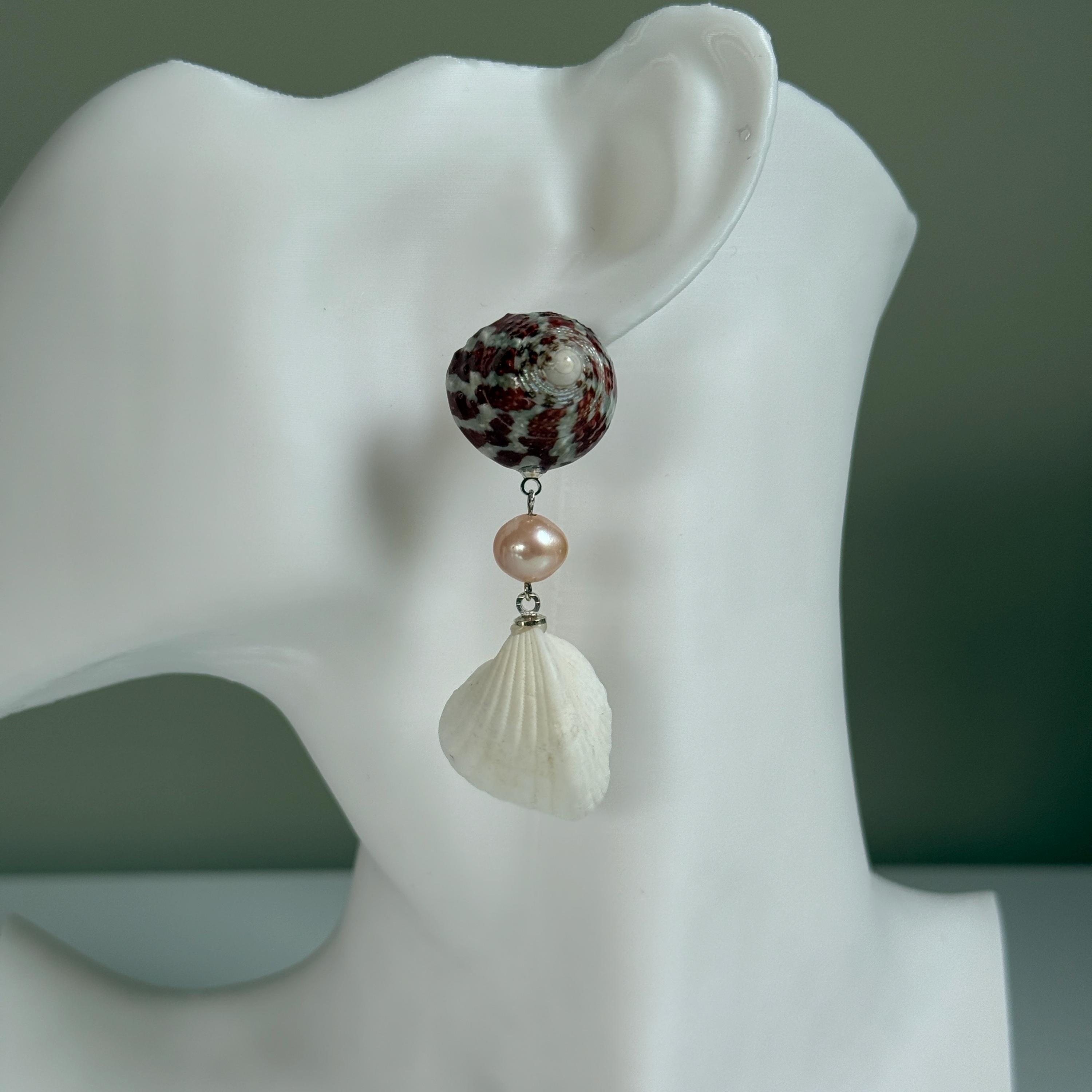 Natural Shell and Mauve Pearl Dangle Earrings, Sterling Silver Hooks, Beach Wedding Jewelry