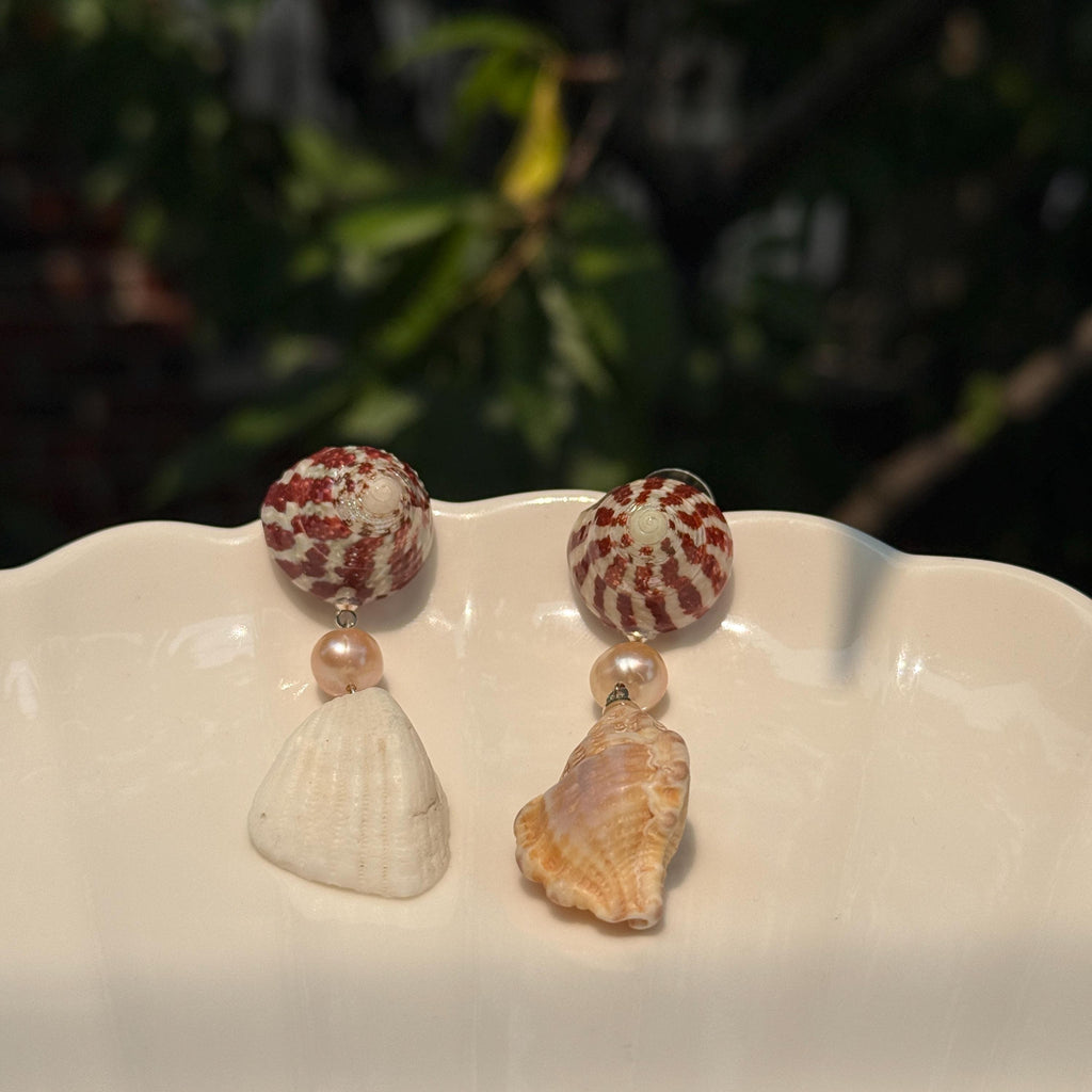 Natural Shell and Mauve Pearl Dangle Earrings, Sterling Silver Hooks, Beach Wedding Jewelry