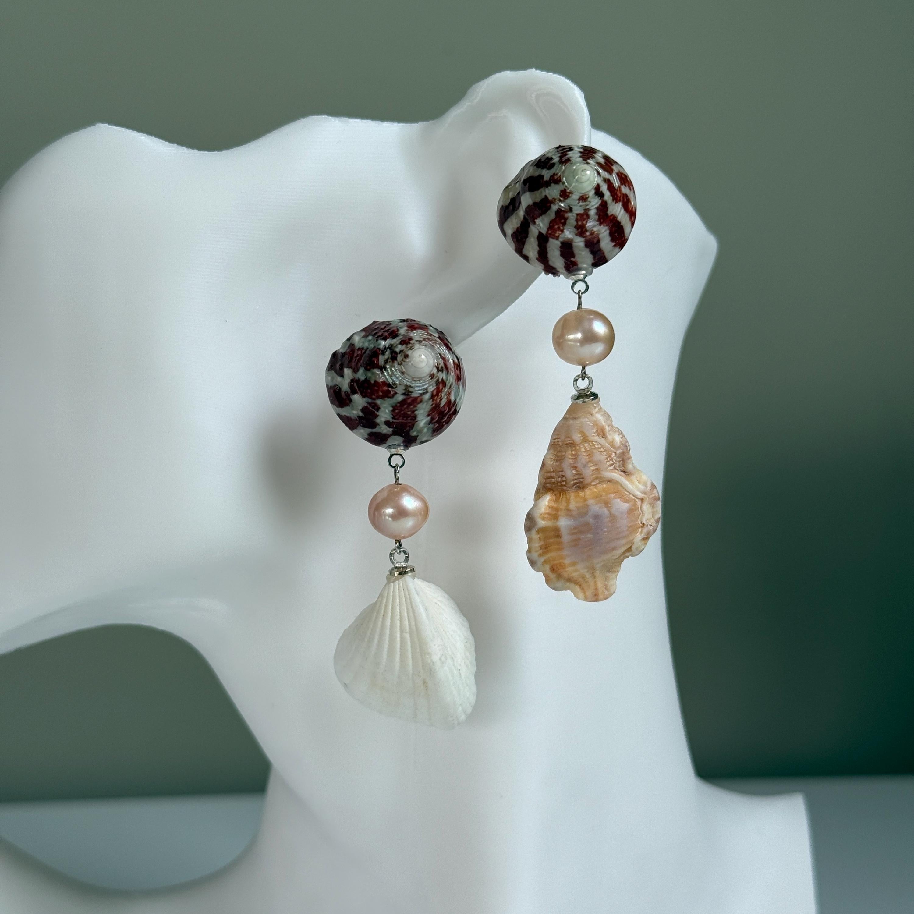 Natural Shell and Mauve Pearl Dangle Earrings, Sterling Silver Hooks, Beach Wedding Jewelry