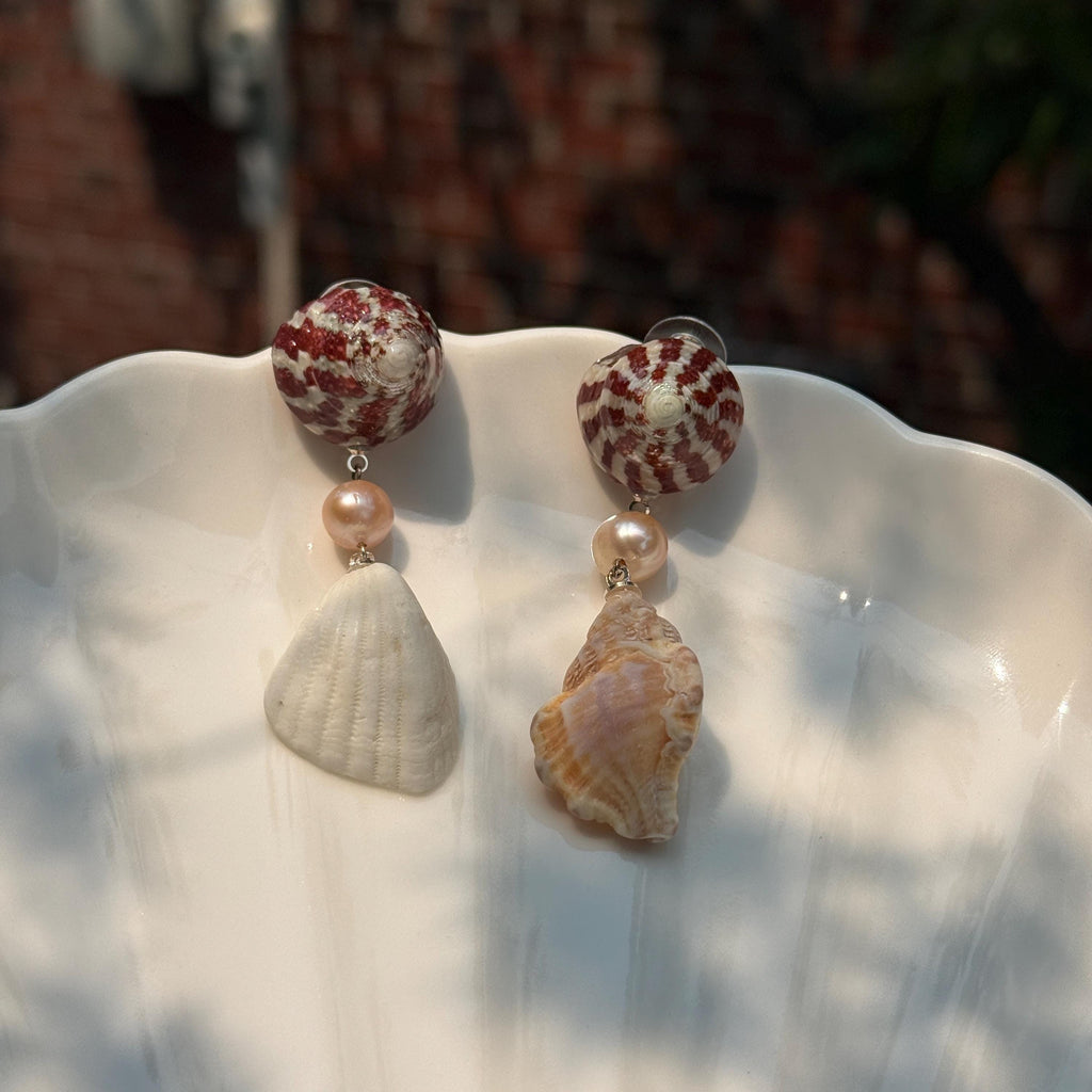 Natural Shell and Mauve Pearl Dangle Earrings, Sterling Silver Hooks, Beach Wedding Jewelry