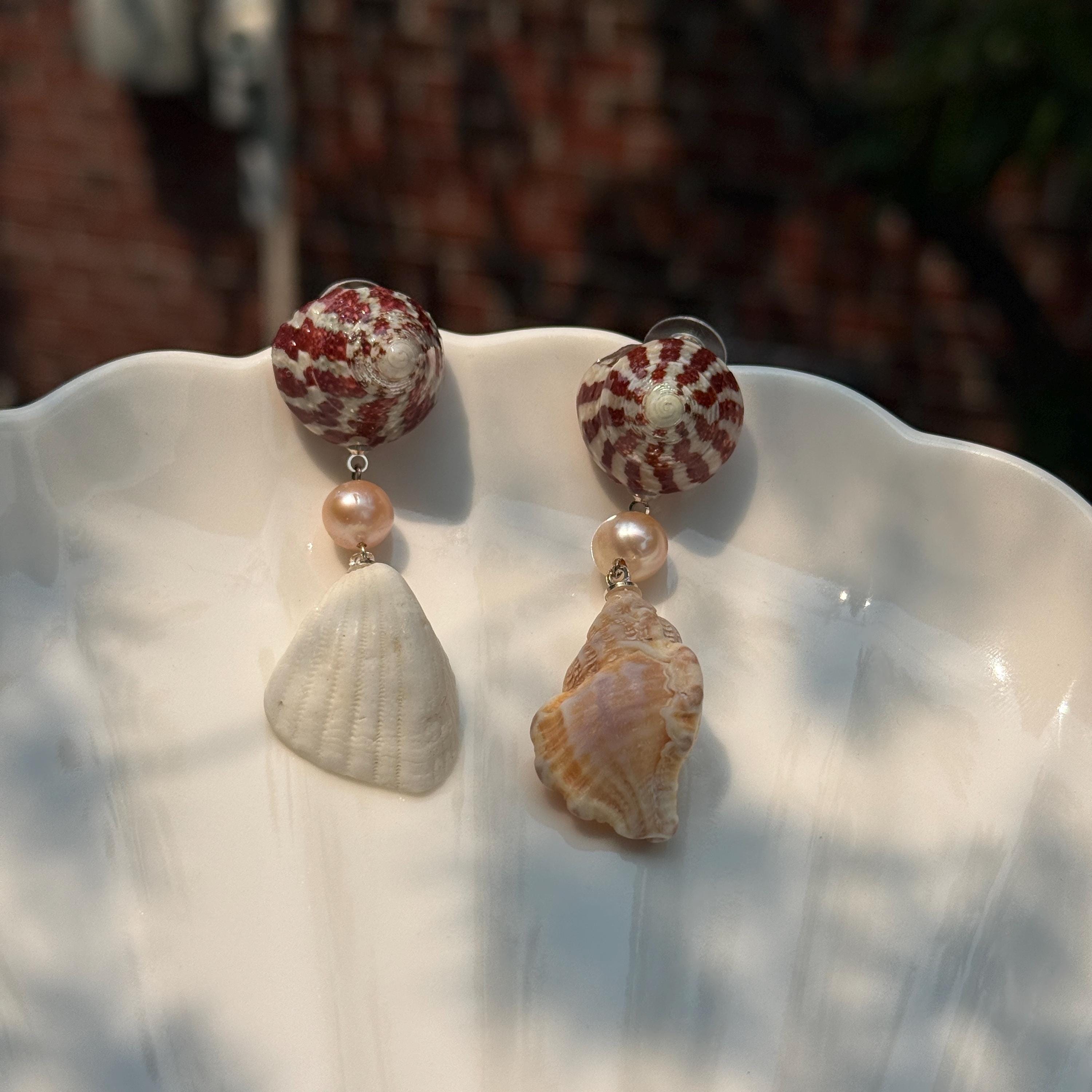Natural Shell and Mauve Pearl Dangle Earrings, Sterling Silver Hooks, Beach Wedding Jewelry