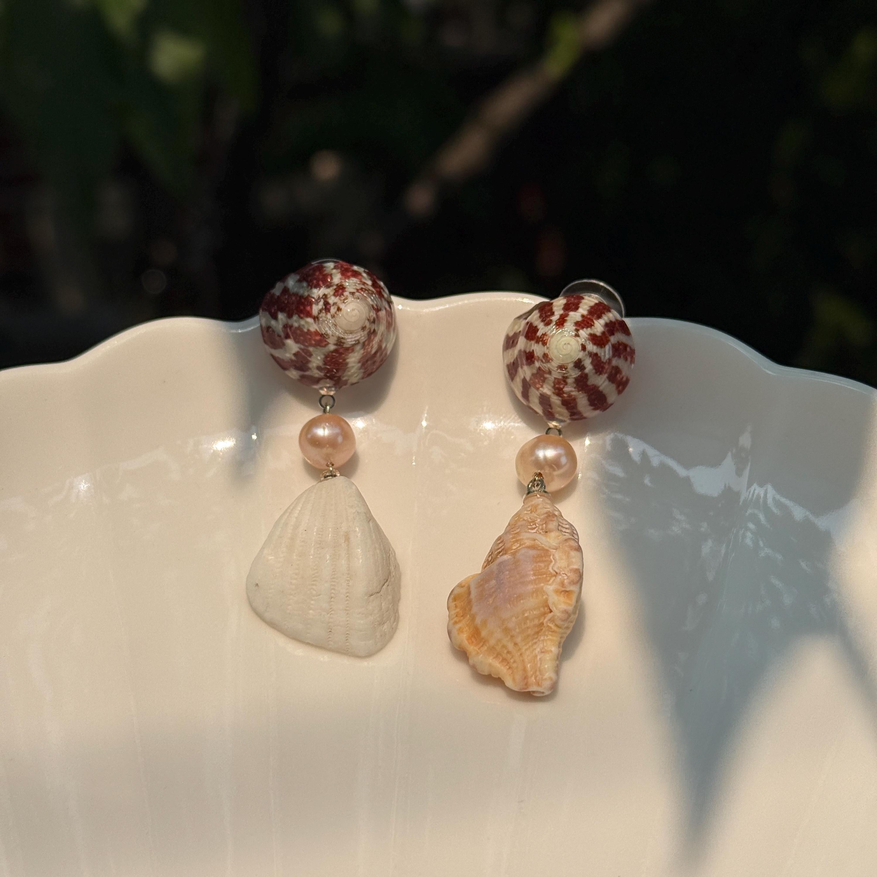 Natural Shell and Mauve Pearl Dangle Earrings, Sterling Silver Hooks, Beach Wedding Jewelry